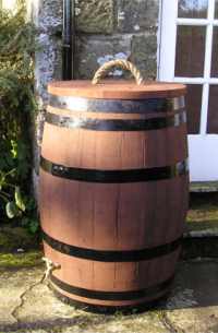 Large stained oak barrel water butt